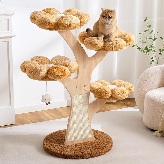 Aesthetic Flower Cat Tree Tower with Scratching Post for Indoor Cats, 48" Modern Cat Tree with Wood Sculpted Branch, Flower Cat Beds, Scratching Board & Interactive Squeaky Toy, Sunset Brown