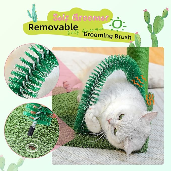 PAWZ Road Cactus Cat Tree, 33 Inchs Cat Tower with Cat Self Groomer, Soft Hammock and Fully Wrapped Sisal Scratching Post for Indoor Cats