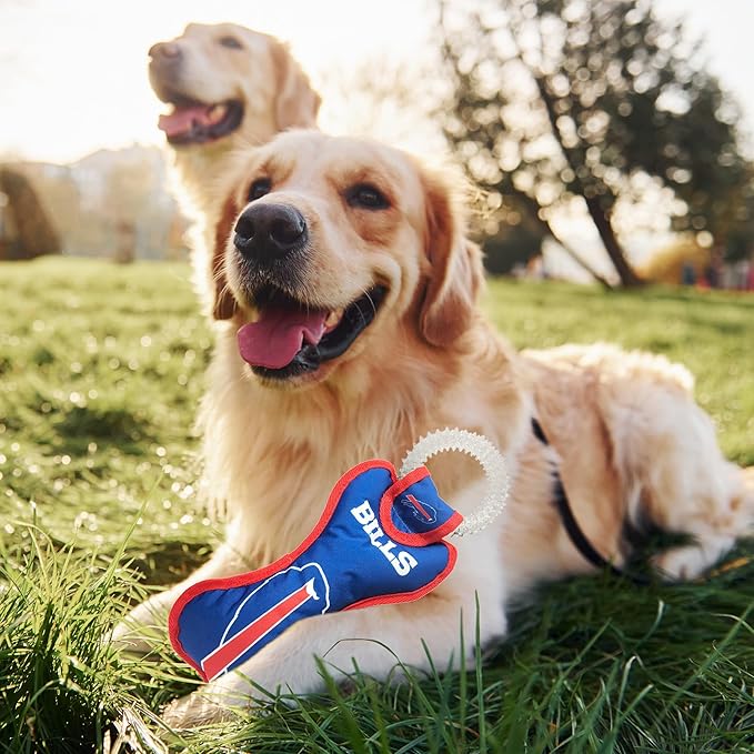 Pets First NFL Buffalo Bills Dental Dog TUG Toy with Squeaker. Tough PET Toy for Healthy Fun, Teething, & Cleaning Pet's Teeth & Gum, Team Color