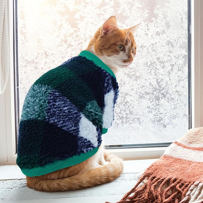 Sphynx Cat Sweater, Soft Fleece Pullover with Sleeves, Warm & Elastic Pet Clothes for Hairless Cats and Small Kittens, Cozy Winter Outfit Green XL