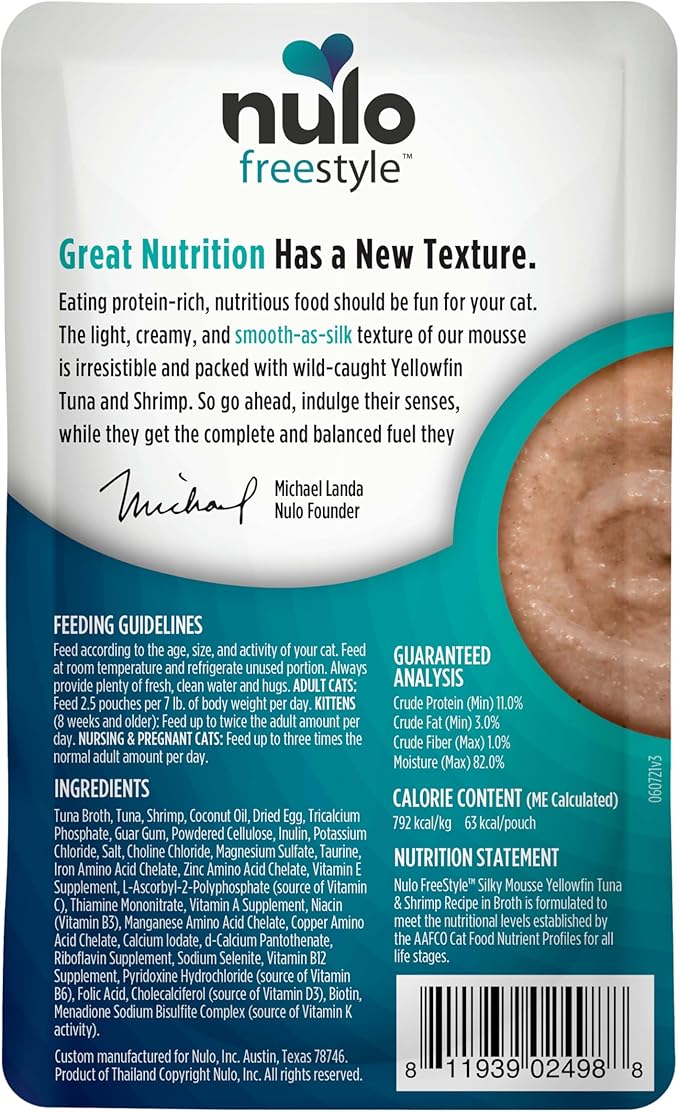 Nulo Freestyle Wet Cat Food Silky Mousse - Yellowfin Tuna & Shrimp, High Protein Grain-Free Cat Food Pouches for Kitten, Adult & Senior, 2.8oz Pouches (24 Pack)