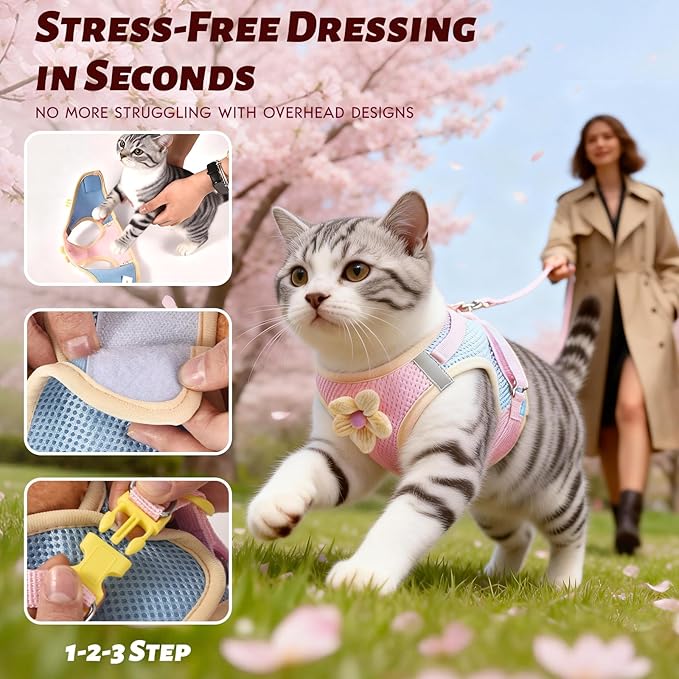 Cat Harness and Leash Set Escape Proof, Step in Mesh Cat Vest Harness with Cute Flower, Reflective Adjustable Kitten Harness and Leash Set for Walking (Pink, XS)