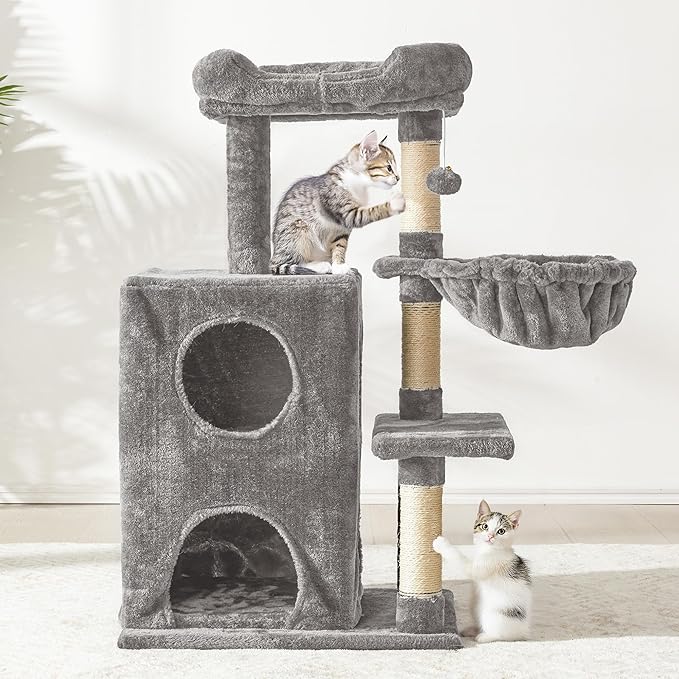 Multi-Level Cat Tree Tower for Large Cats with Scratching Posts, Condos, Perch, Hammocks & Toys, Cat Jungle Gym for Indoor Cats, Ideal for Multi-Cat Households, Gray