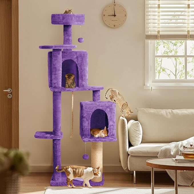 59in Large Cat Tree Tower for Indoor Cats with Soft Plush Hang Ball, Two Condos, Sisal Scratch Posts & Rope Play for Kittens/Adult Cats, Purple