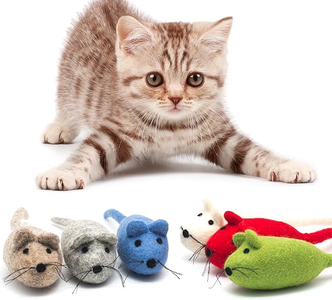 Glaciart One Felt Mouse Cat Toy β 6 Pcs | Soft Fuzzy Enrichment 100% Natural Wool - Interactive Catnip Play Cat Toy Set - Safe for Pets, Non-AZO Colored Dyes