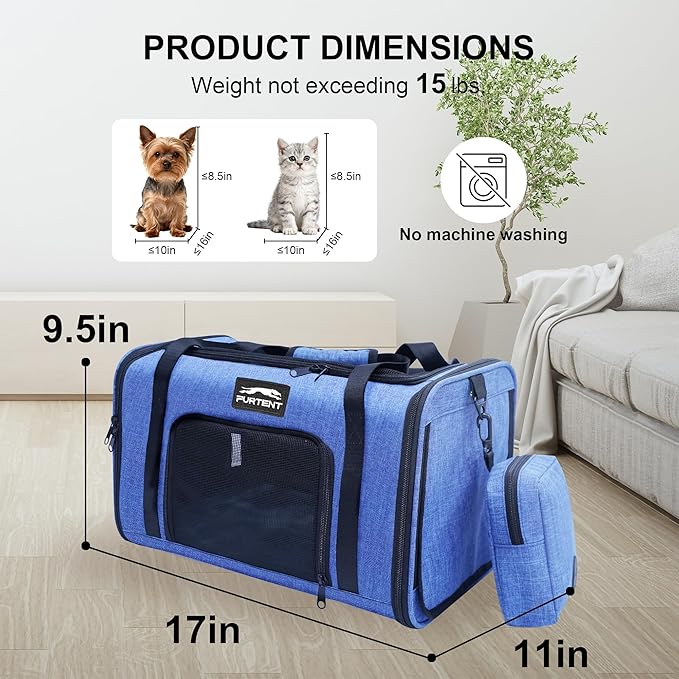Soft Sided Cat Carrier Airline Approved up to 15lbs, 17x11x9.5 Inch Ventilated Pet Travel Bag with Foldable Litter Box & Storage, Portable Cat Transport Carrier for Flights Car Vet Blue