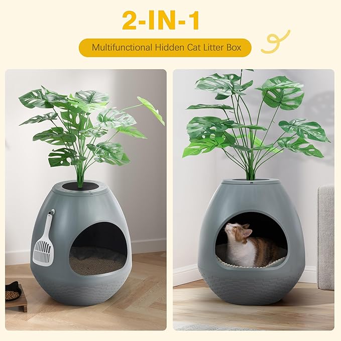 Egglao6 Plant Litter Box Furniture with 3PCS Cat Litter Box Liners Secret Kitty Enclosure with Odor Removal System, Decorative Top and Cat Litter Scoop, Quick Assembly, Extra Large (Grey)