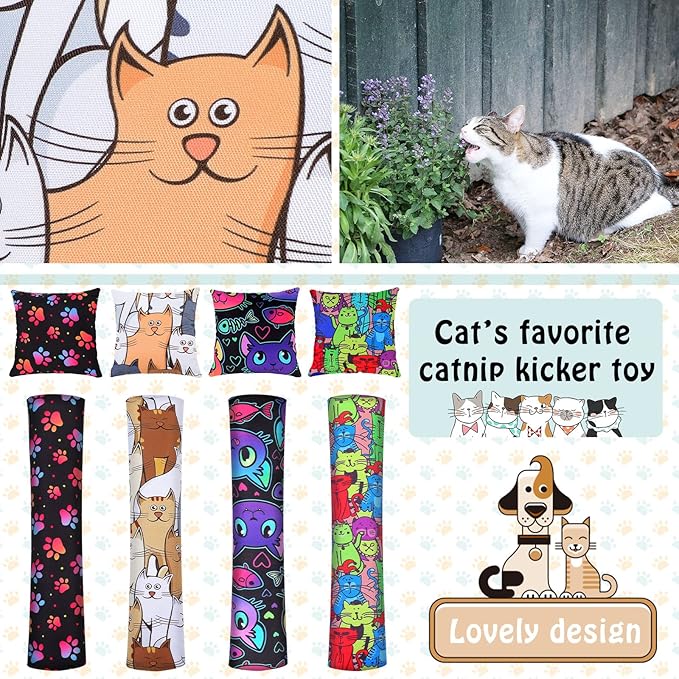 Hungdao 8 Pieces Catnip Kicker Toys Cat Kick Sticks Interactive Pillow Toys for Indoor Kitten Pet Chew Supplies, 2 Shapes and 4 Designs