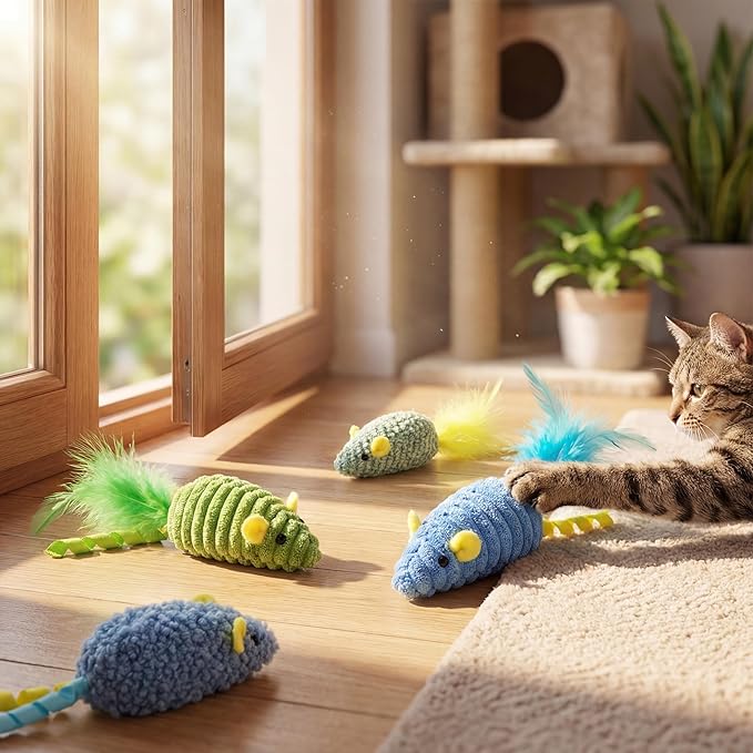 Cat Mouse Toys (3 Pack) with Catnip - Small Interactive Cat Toys for Indoor Play, Perfect for Single or Multi-Cat Households (Yellow)