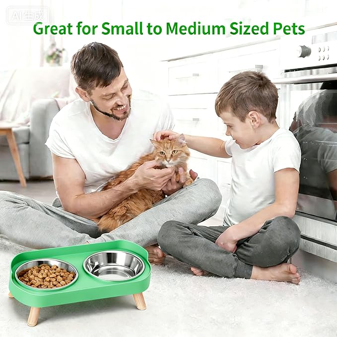 Elevated Cat Bowls, 2 Stainless Steel Raised Cat Food and Water Bowl Set, Splash Proof & Non-Slip, Whisker Fatigue Friendly, Dishwasher Safe for Cats and Small Dogs - Green