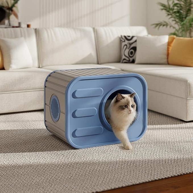 ROJIK Cat House Outdoor Cat Bed Weatherproof,Plastic Insulated Feral Shelter with Elevated Floor,Stackable Pet House Wave for Bedroom Yard and Patio,Easy to Assemble,Versatile(Blue,with Cusion)