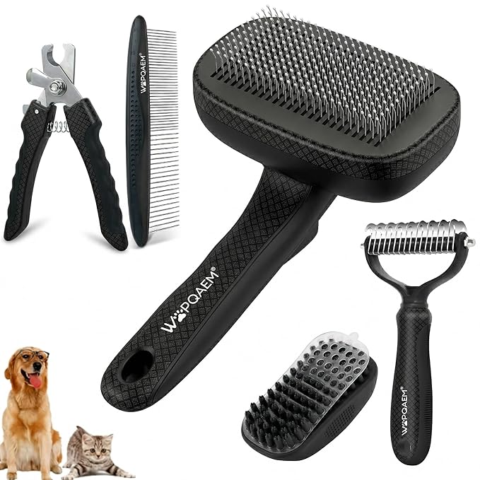 Self Cleaning Slicker Brush & Dog Brush Grooming Rake & Bath Brush & Nail Clippers & Pet Comb for Pets,Deshedding Dematting Tool for Long and Short Haired Dogs & Cats,Black 5 PCS