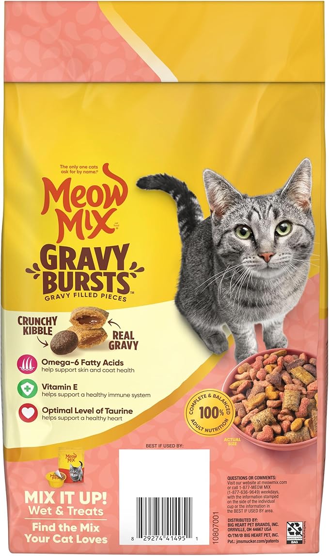 Meow Mix Gravy Bursts, Savory Salmon Flavor Kibble Mix, Gravy Filled Dry Cat Food, 3 lb. Bag