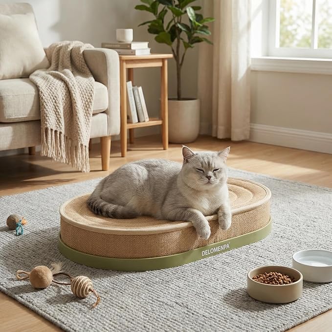Large Sisal Cat Scratcher Lounge, 2-in-1 Cat Bed with Durable Base & Plush Foam Cushion, Non-Shedding Cat Scratching Pad for Indoor Cats, 22"x14" Oval Nest, No Mess Furniture Protector