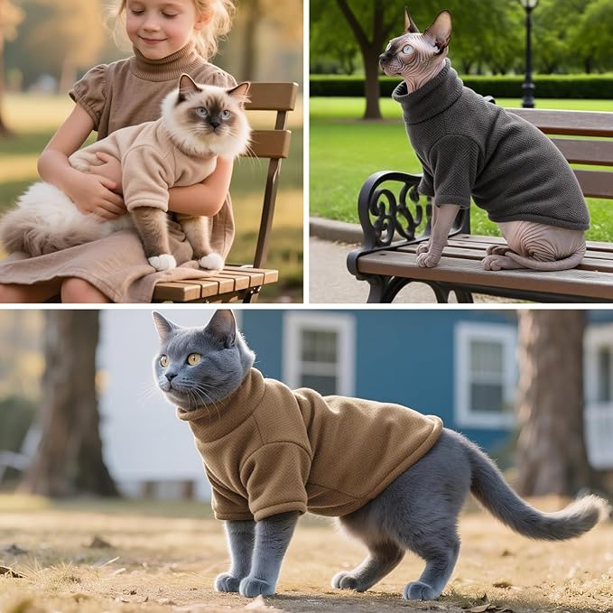 Idepet Sphynx Cat Warm Turtleneck Sweater Hairless Cats Shirt Pullover Kitten T-Shirts Thick Soft Fleece Clothes Cute Outfit Coat Pajamas for Cats and Puppy (Coffee, Small)