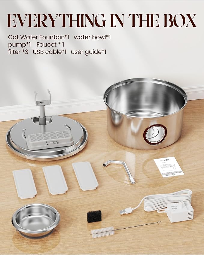 Cat Water Fountain,108oz/3.2L Stainless Steel Cat Fountain and Removable Water Bowl,Pet Fountain with Water Level Window,Quiet Pump,Multi-Filter, Water Tap, Provides Flowing,for Dog Cats