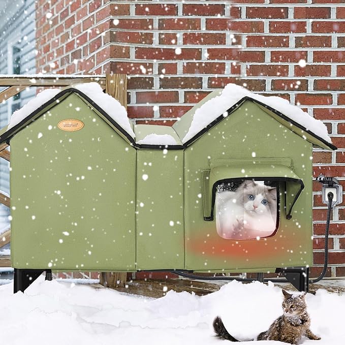 Heated Cat House for Outside Cats in Winter, Extra Large Heated Outdoor Cat House Weatherproof Insulated with Elevated Base & Escape Door, Waterproof Cat Shelter for Multiple Cats Feral Stray Kitty
