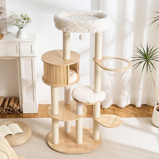Solid Wood Cat Tree Tower with Scratching Post, 61 inch Multi-Level Cat Towers with Large Soft Cloud-Like Bed, Modern Cat Tower with Wood Spacious Condo with Removable Cushion for Indoor Cats