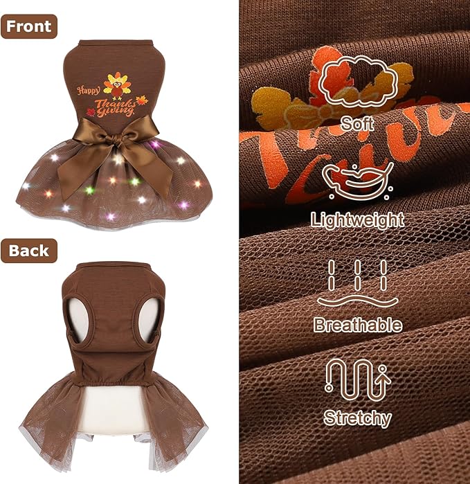 Dog Thanksgiving Outfit for Small Dogs Girl, Puppy Turkey Tulle Dress, LED Light Dog Clothes, Happy Holiday Lightweight Puppy Tutu Dress, Pet Costume Appeal, Brown, L