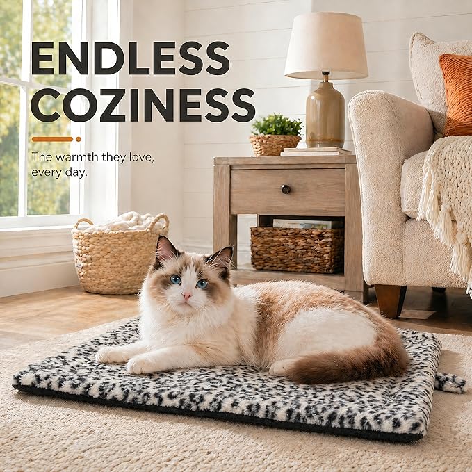 Self Warming Cat Pad for Cats and Small Dogs, Non Electric Thermal Pet Mat, Washable Soft Sleeping Mat with Non Slip Backing, Indoor & Sheltered Outdoor Use, 22 x 18 in, Black/White