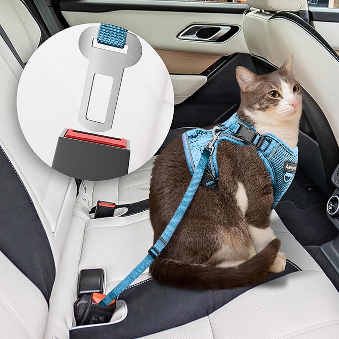 Cat Harness and Leash for Walking, The Upgrade Can be Adjusted in Four Directions and Breathable Cat Harness for Anti Escape that can be Fitted and Positioned, Reflective Strips Harness, Blue, L