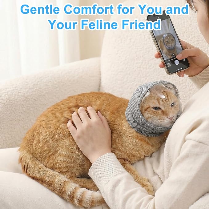 CIATBYYJ Adjustable Cat Muzzle for Grooming, Breathable Cat Pet Head Cover, Transparent Anti-Bite Cats Mask Helmet for Nail Trimming Bathing Vet Visits(S)