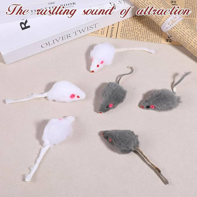 Vin Beauty 5 Pcs Faux Fur Rattle Mouse Cat Toy White and Gray Mice Animal Toy Realistic Fuzzy Toys Interactive Cat Toys Pet Supplies