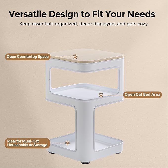 EUREKA ERGONOMIC Side Table Cat Beds, Square End Table with Cat House, Metal Nightstand with 3 Tier Storage, Modern Side Table End Beside Table for Living Room Bedroom Indoor, Easy Assembly, White
