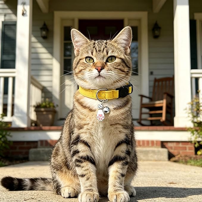 2 Pack Cotton Breakaway Cat Collars with Bell and Charms Yellow Solid Plaid Safety Collars for Girl Boy Cats, Cat Head and Paw Pendant Cute Kitten Collars