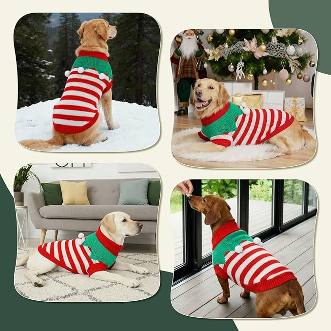 Dog Sweater Knitted for Small to Large Dogs Boy Girl, Classic Turtleneck Dog Christmas Sweaters, Warm & Soft Pet Clothes for Winter (Santa Stripe, L)