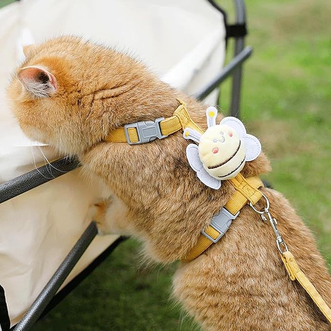 Cat Harness and Leash Set for Outdoor Travel Walking Escape Proof Soft Safe Adjustable Kitten Puppy Small Strap Kitty Cute Bee Wings Yellow M