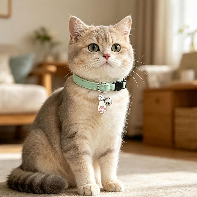 2 Pack Cotton Breakaway Cat Collars with Bell and Charms Green Solid Plaid Safety Collars for Girl Boy Cats, Cat Head and Paw Pendant Cute Kitten Collars