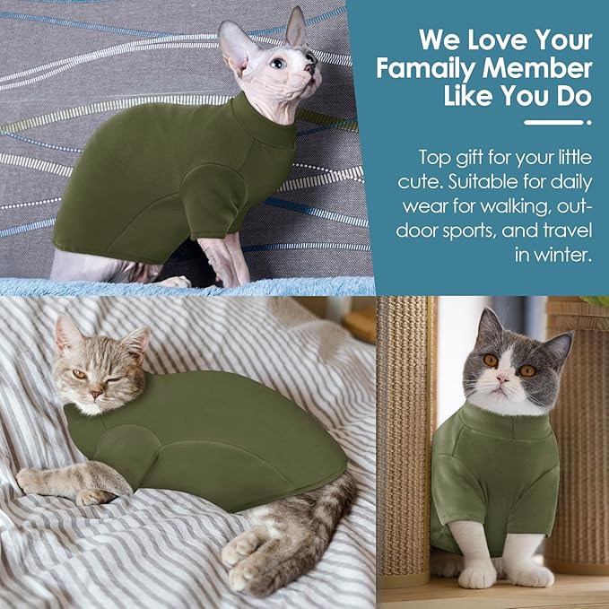 Turtleneck Sweater for Cat, Sphynx Cats Shirt Hairless Cat Sweaters with Sleeves, Warm and Soft Kitten Pullover Fleece Winter Pajamas Jumpsuit for Puppy Cats, ArmyGreen S
