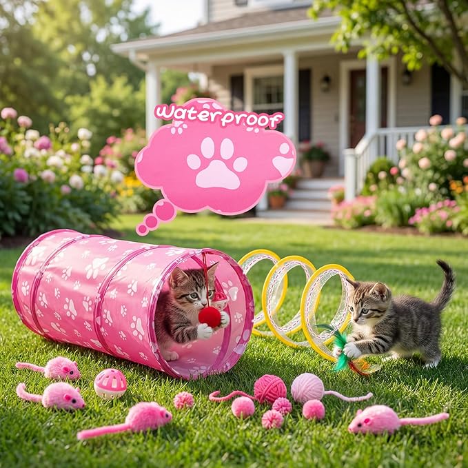 Leitee 40 Pcs Cat Toys Pack for Indoor Cats Kitten, Variety Set with 2 Cat Tunnel Collapsible Cats Spring Tube, Feather Teaser Wand, Bell, Mouse, Fuzzy Ball for Interactive Gift(Pink)