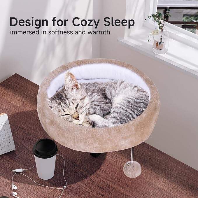 Chumajor Cat Desk Bed - 360° Rotating & Adjustable, Supports 50 lbs, Soft Faux Fur with Dual-Sided Reversible Mat, Modern Indoor Cat Nest Furniture for Office Desks and Game Tables, Island Table