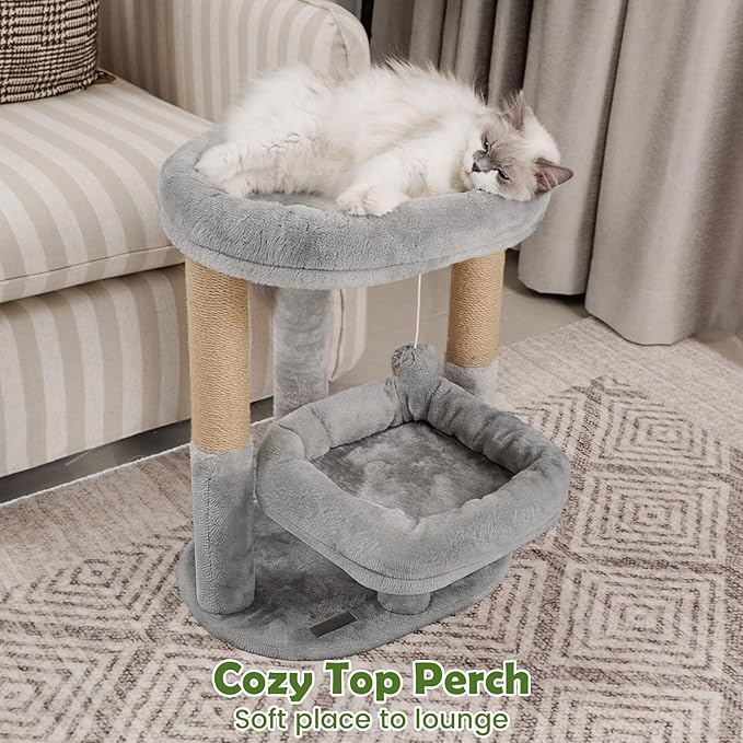 Cat Tree for Indoor Cats, Compact 2-Tier Cat Tower with Padded Donut Beds, Cozy Plush Cat Perch for Small to Medium Cats, Sisal Scratching Posts & Hanging Toy (Light Grey)