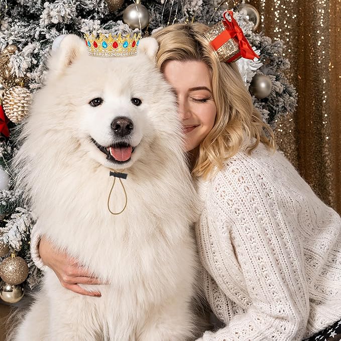 Abbylike Pet Princess Crown for Dog Cat Pink Halloween Costume with Adjustable Strap Gold Glitter Rhinestone King Crown Hat for Pet Birthday Party Adoption Celebration Photos Prop Cosplay Accessory(L)