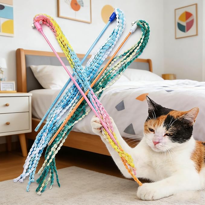 KABASI Cat Wand Toys, 4PCS Interactive Plush Srtip Cats String Teasing Stick with Bells for Kitten, Colorful Sturdy Pole Cat Toys for Having Fun Indoor Playing