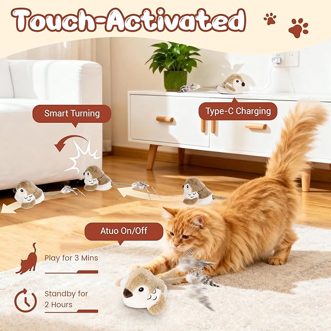 Pawingcat Moving Cat Toy Automatic Cat Toys Interactive Bird Cat Toy with Catnip Toys Wagging Tail Chirp Tweet Rechargeable Interactive Kitten Toy(No Flying Bird)
