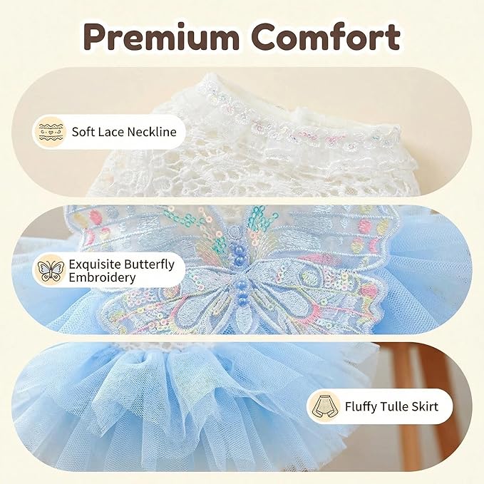 Pet Dog Cat Princess Dress, Fairy Butterfly Tulle Skirt, White Knitted Top with Blue Puffy Bottom, Lace Collar, Embroidered Wings, Puppy Kitten Outfit 8.3-10lbs(Light Blue,M)