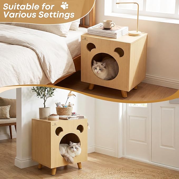 Cat End Table Aluminum Bed Table, Nightstand, Cat Litter Box Enclosure for Indoor and Outdoor with Cabinet Legs and Countertop, Weatherproof, Beige