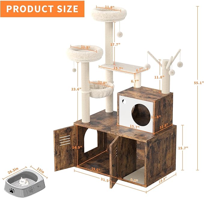 Furniture Style Cat Tree Tower & Hidden Litter Box Cabinet Combo – Multi-Level Cat House with Sisal Scratching Posts, Perch & Luxury Hammock
