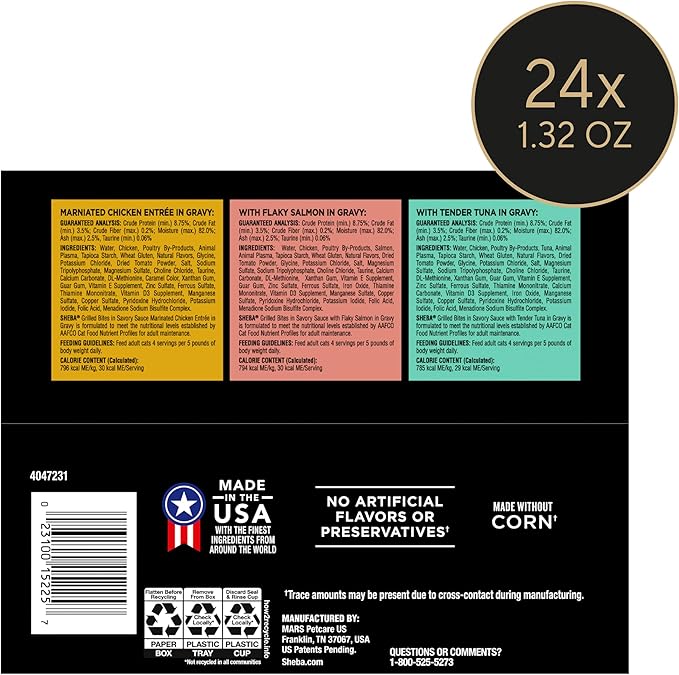 Sheba Perfect Portions Grilled in Savory Sauce Adult Wet Cat Food Marinated Chicken, Flaky Salmon, Tender Tuna, 2.64 oz. Twin-Pack Trays, 24 Count, 48 Servings