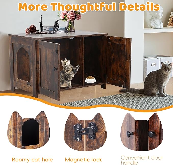 Cat Litter Box Enclosure Furniture, Wooden Cat Bathroom Furniture Storage Cabinet with Removable Divider, Fit Most Cats and Litter Box