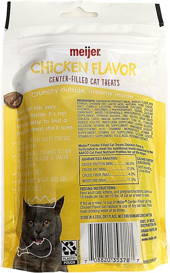 Meijer Center Filled Cat Treats Variety to Choose from 1-3 oz Bag Plus Cat Toy (Will Vary) (Chicken)