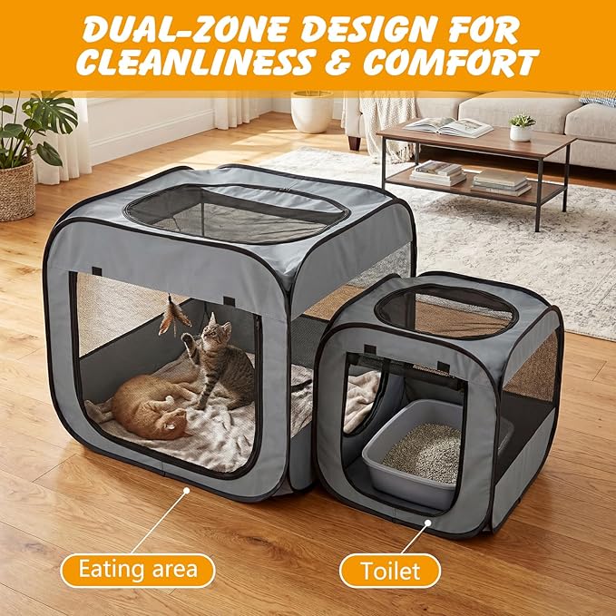 Portable Cat Playpen with Separate Areas, Foldable Cat Tent for Indoor and Outdoor, Pet Playpen for Kittens and Small Dogs