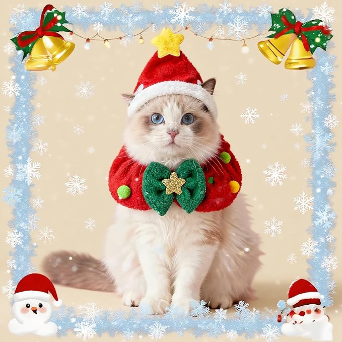 Cat Christmas Outfit 2pcs Set, Cat Santa Hat with Wreath Scarf, New Year Decoration Costume Suit for Small Dogs, Rabbits, Red
