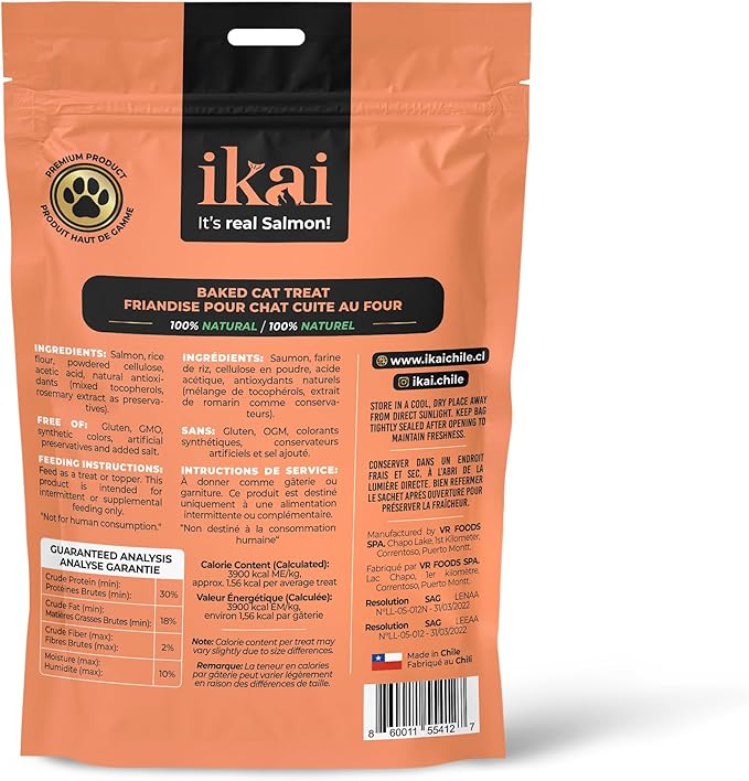 IKAI - Patagonian Salmon Flakes Cat Treats - 100% Natural Treats - Hypoallergenic, with Omega 3 & 6 for Healthy Skin & Glossy Coat, Oven-Baked, Grain-Free, No Added Salt - 3 Oz 12 Pack