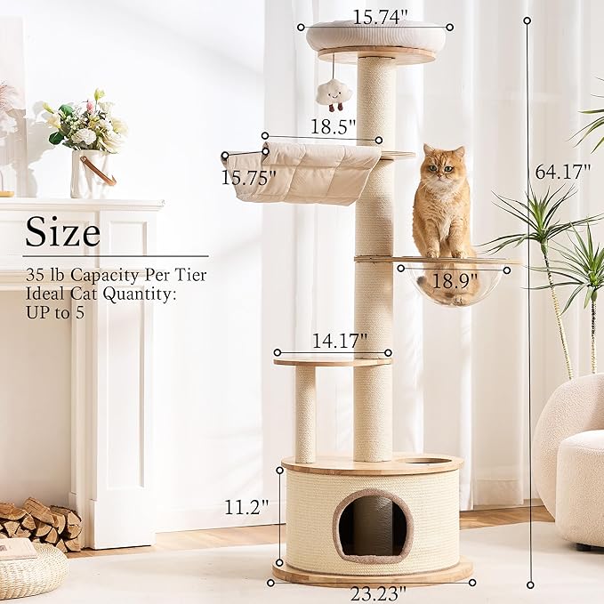 797Audio Modern Wood Cat Tree Tower, 64" Cat Tree with Sisal Scratching Posts, Condo, Capsule, Hammock for Indoor Cats, Solid Rubber Wooden Cat Tree, Multi-Level Tree for Large Adult Cat