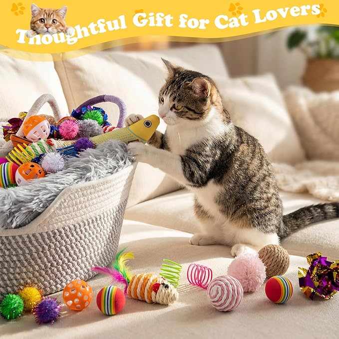 Leitee Sunmmer Cat Bed Storage Basket with 40 Pcs Cat Variety Toys Pack Set Includes Pillows, Spring Toy, Fish, Chew Rope and Balls for Kitten Kitty Swat Hunt Interactive Pet(White,Grey)